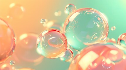 an image with a light green and orange-pink gradient color scheme, illuminated by ambient light at noon, featuring spherical water droplets and bright product light against a clean and bright indoor s