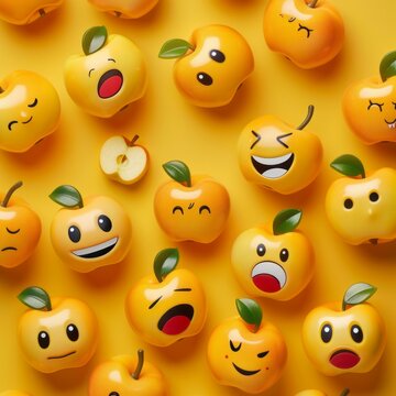 an image of funny apple emojis on a yellow background, conveying a playful and cheerful atmosphere.
