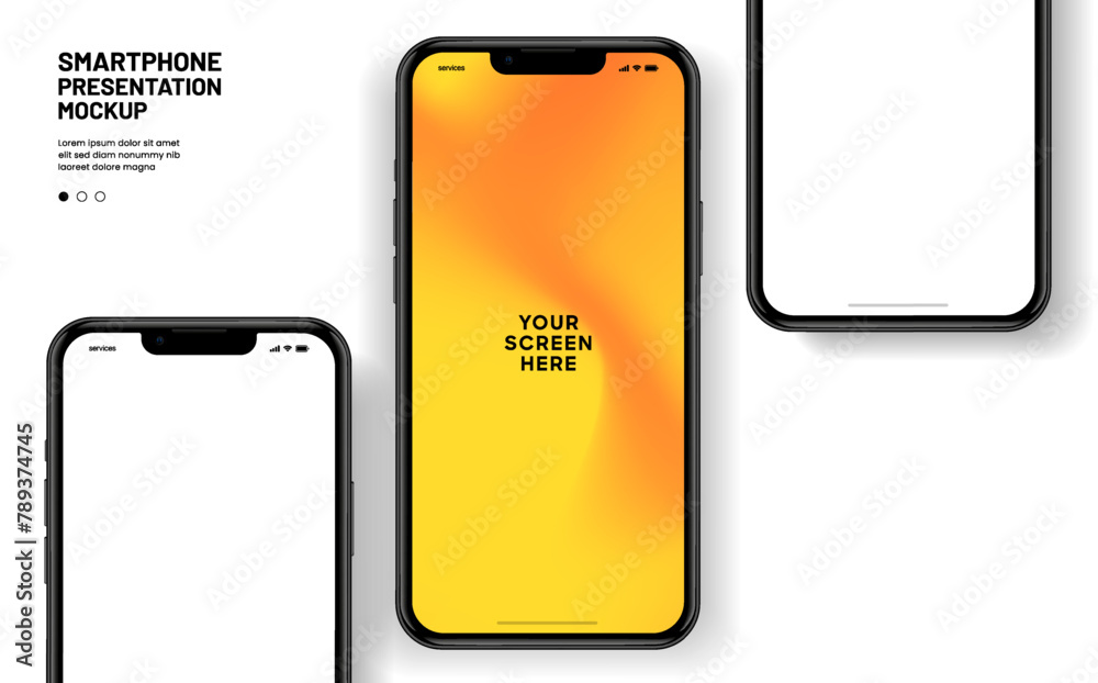 Poster Realistic smartphone mockup. Mobile phone vector with isolated on white background. Device front view. 3D mobile phone with shadow. Realistic, high quality smart phone mockup for ui ux presentation.