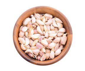 Garlic in a separate wooden bowl on transparent png