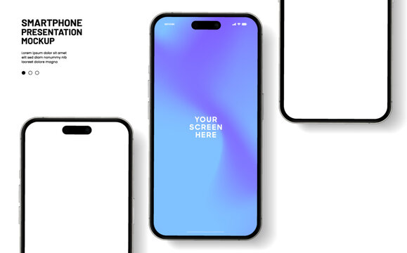 Naklejki Realistic smartphone mockup. Mobile phone vector with isolated on white background. Device front view. 3D mobile phone with shadow. Realistic, high quality smart phone mockup for ui ux presentation.