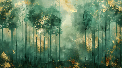 Shimmering emerald hues dance with golden flecks, a watercolor forest. 