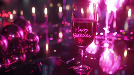 A champagne glass with Happy Birthday etched on it, surrounded by candles and party decorations