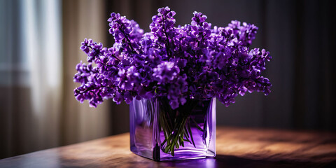 Bouquet of purple lilacs in a  vase. A close-up photo of a  vase filled with a bunch of purple lilacs. The lilacs are in full bloom and have  light green leaves. 
