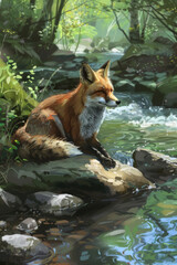 Fototapeta premium A painting of a fox resting on a rock in the middle of a flowing stream