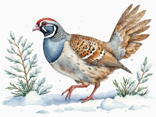 Watercolor painting of running partridge on a white background. Alectoris rufa - obrazy, fototapety, plakaty
