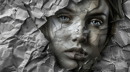 A torn piece of paper reveals a womans face, partially obscured by the edges of the tear