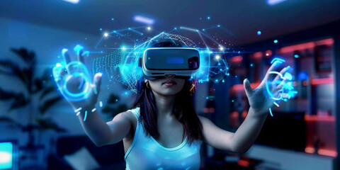 A young woman wearing VR glasses, touching the air with her fingers and surrounded by glowing data points in virtual reality space in living room. - obrazy, fototapety, plakaty