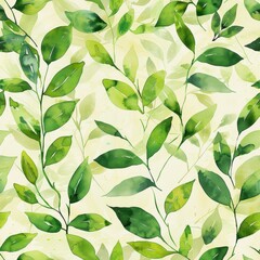 Botanical Greens A series of green watercolor leaves and vines, detailed with fine brush strokes to create a lush, natural pattern for eco-friendly