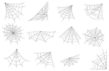 Fototapeta premium Cobweb collection isolated on white background. Line art, sketch style spider web elements, spooky, scary image. Gossamer. Spiderweb outline sign. Black and white vector illustration. 