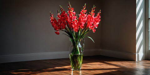 Rustic Red Gladiolus in a Vase. A tall, slender  red gladiolus flower  stands in a  vase on a wooden floor.