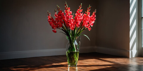 Obraz premium Rustic Red Gladiolus in a Vase. A tall, slender red gladiolus flower stands in a vase on a wooden floor.