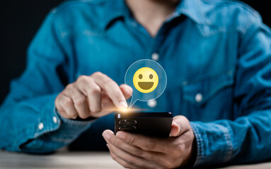 Person using smartphone give rating to service experience on online application, satisfaction...