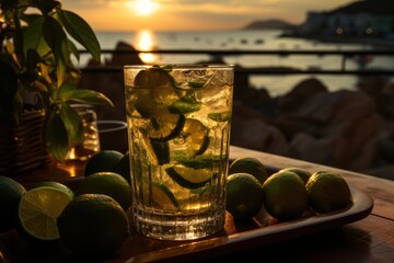 Mojito in a tropical lounge with sunset over the mountains., generative IA
