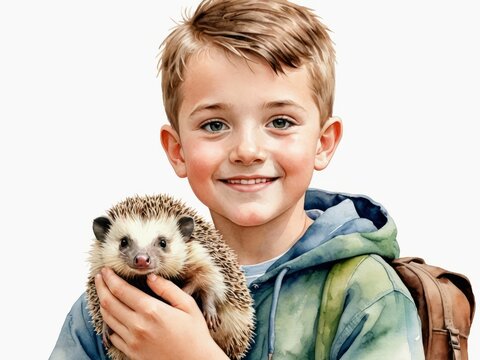 Boy holding his cute pet hedgehog. Little kids friends. Watercolor isolated on white background.
