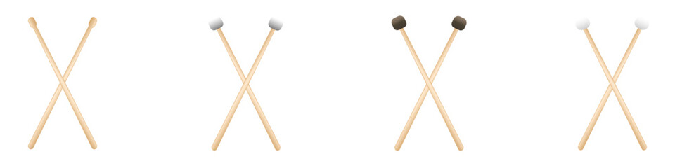 A set of wooden drumsticks of different shapes intended for different types of drums depicted on a white background