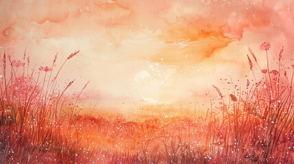 Soft peach and coral blend with silver sparkles, a watercolor sunset. 