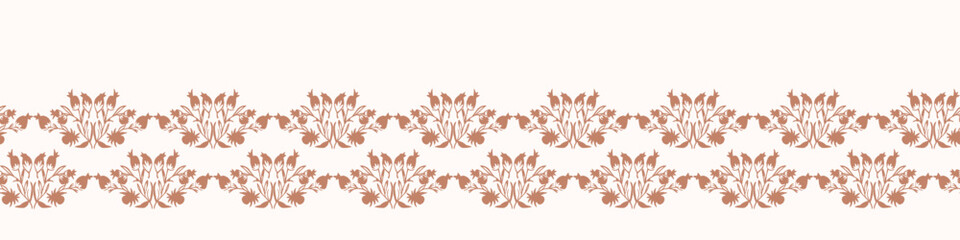 Modern vector border with pretty pressed floral drawing motifs. Decorative botanical ribbon with gender neutral flowers. Natural style for organic banner repeat nature stamp.