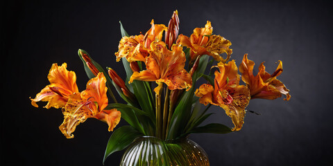 Vibrant orange canna lilies in a vase with blue curtain. A vibrant bouquet of orange canna lilies sits in a ceramic vase. The canna lilies have large orange petals and green leaves. - obrazy, fototapety, plakaty