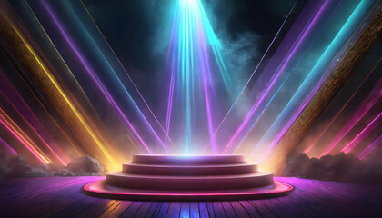Rays of purple ring dust particles fly mockup space in the dark, neon shapes on digital art concept.