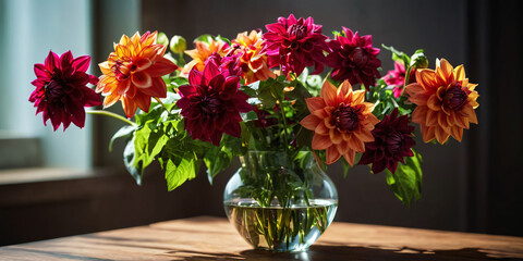 Pink and Yellow Dahlias in a Vase in Front of a Window. A bouquet of pink and yellow dahlias in a glass vase sits in front of a window. © chick_david