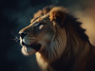 A close-up portrait of a lion's face fills the frame