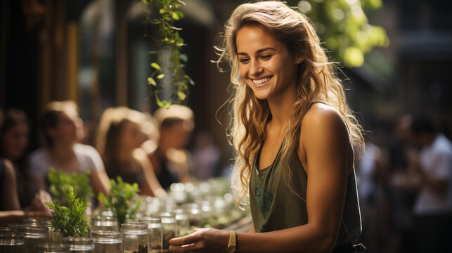 beautiful young blonde serving vegan drinks in garden bar