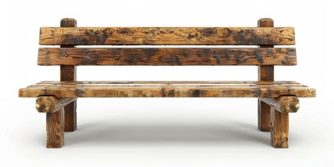 Rustic Wooden Park Bench Isolated on White
