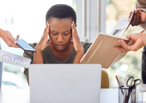 Black woman, office and technology with headache or stress for deadline, overtime and exhausted. Female employee, entrepreneur and frustrated with burnout as graphic designer in startup business