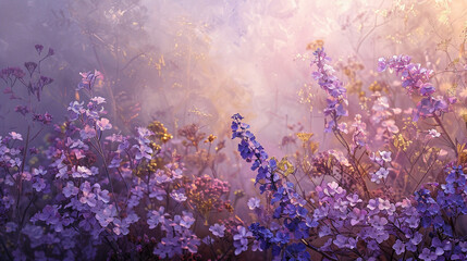 Soft whispers of lilac and periwinkle, with a dusting of gold, suggesting the delicate touch of spring. 