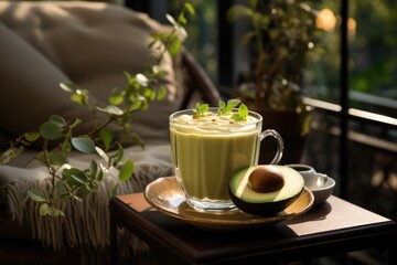 Creamy avocado juice in a coffee with cozy armchairs., generative IA