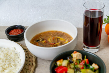 Vegetarian saltwort soup (solyanka). Vegetarian lunch.