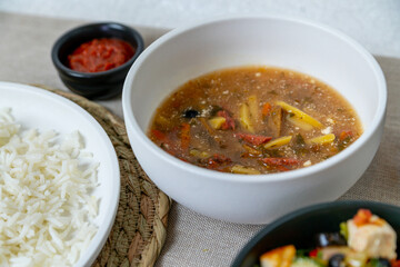 Vegetarian saltwort soup (solyanka). Vegetarian lunch.