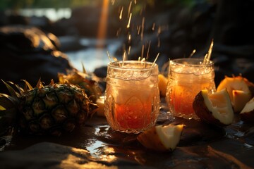 Chick pineapple juice on a paradise beach with coconut trees in the wind., generative IA