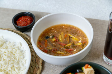 Vegetarian saltwort soup (solyanka). Vegetarian lunch.