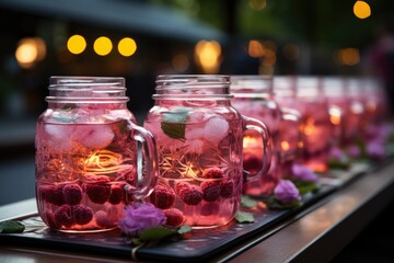 Raspberry juice at an outdoor wedding party with romantic decoration and lighted lanterns.,...