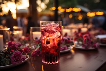 Obraz na płótnie Canvas Raspberry juice at an outdoor wedding party with elegantly decorated tables., generative IA