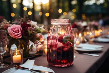Raspberry juice at an outdoor wedding party with elegantly decorated tables., generative IA