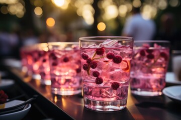 Raspberry juice at an outdoor wedding party with decorated tables., generative IA