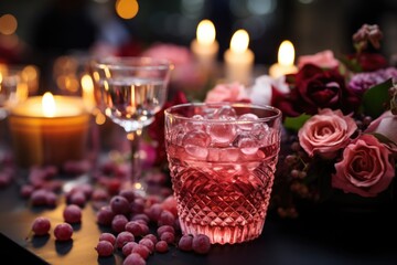 Raspberry juice at a wedding party with romantic decoration., generative IA