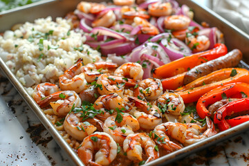 Sheet pan with fried shrimp, vegetables and rice or Sheet Pan Jambalaya. Close-up