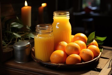 Natural orange juice in a rustic coffee with shelves of local products., generative IA
