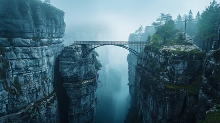 A bridge spans a deep gorge with a foggy sky above. The bridge is surrounded by trees and rocks, creating a sense of isolation and adventure. The fog adds a mysterious - obrazy, fototapety, plakaty