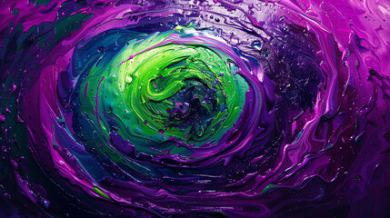 Swirls of electric violet and neon green pulsating with vibrant energy, capturing the essence of a bustling metropolis alive with creativity and innovation. 