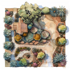 2d landscape architectural plans for a project using water color style california native plants yard cool tones simple top view