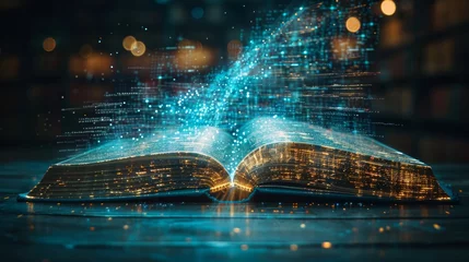 Foto op Aluminium A book is open to a page with a blue and gold design. The book appears to be a library book, and the design on the page is a glowing, colorful pattern. Scene is one of wonder and curiosity © Rattanathip