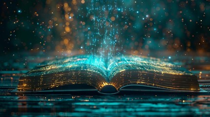 A book is open to a page with a glowing light shining through it. The light is creating a sense of wonder and magic, as if the book is a portal to another world. The scene is peaceful and calming - obrazy, fototapety, plakaty