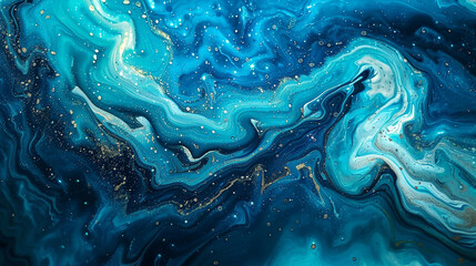Swirls of iridescent turquoise and shimmering silver, reminiscent of the tranquil depths of a secluded lagoon beneath a starlit sky.  - obrazy, fototapety, plakaty