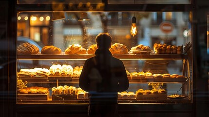 A man stands in front of a bakery window, looking at the pastries. The scene is warm and inviting, with the light from the bakery illuminating the pastries and creating a cozy atmosphere - obrazy, fototapety, plakaty