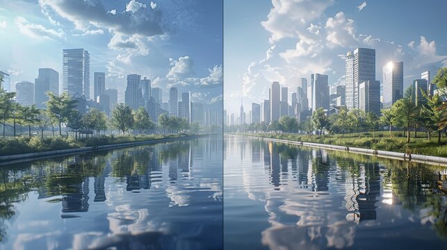 The two images show a city with a river running through it. The first image has a more natural and peaceful feel, with trees lining the river and a park nearby
